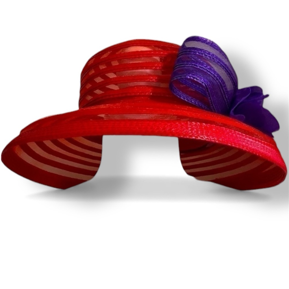Red Hat Derby Purple Silk Flower Mesh Ribbon Vacation Summer Beach Party